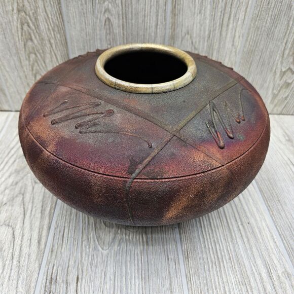 R. Kevin Kelley Signed Raku Studio Pottery Pot Vase Southwest Native Iridescent - Picture 7 of 14
